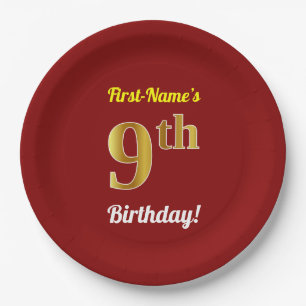 Rot, Imitate Gold 9. Geburtstag + Individuelle Nam Pappteller