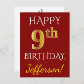 Rot, Imitate Gold 9. Geburtstag + Individuelle Nam Postkarte (Vorne/Hinten)