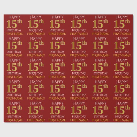 Rot, Imitate Gold "HAPPY 15. GEBURTSTAG" Geschenkpapier (Flach)