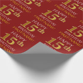 Rot, Imitate Gold "HAPPY 15. GEBURTSTAG" Geschenkpapier (Ecke)