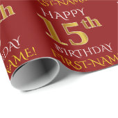 Rot, Imitate Gold "HAPPY 15. GEBURTSTAG" Geschenkpapier (Rolleneckpunkt)