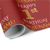 Rot, Imitate Gold "HAPPY 1th BIRTHDAY" Geschenkpapier (Rolleneckpunkt)