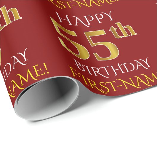Rot, Imitate Gold "HAPPY 55. BIRTHDAY" Geschenkpapier (Rolleneckpunkt)