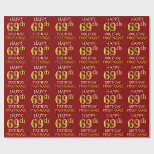 Rot, Imitate Gold "HAPPY 69. GEBURTSTAG" Geschenkpapier