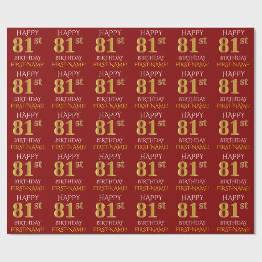 Rot, Imitate Gold "HAPPY 81. BIRTHDAY" Geschenkpapier (Flach)