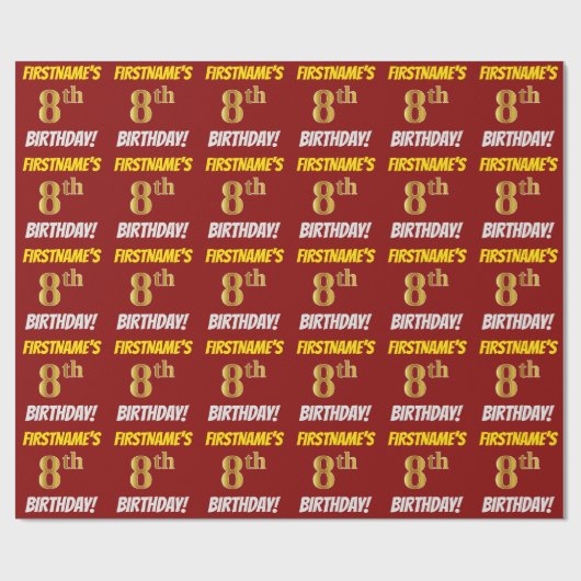 Rot, Imitate/Nachahmgold, "8. BIRTHTAG" Geschenkpapier (Flach)