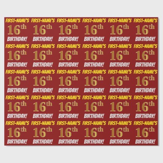 Rot, Imitate/Nachahmungen Gold, "16. GEBURTSTAG" Geschenkpapier (Flach)