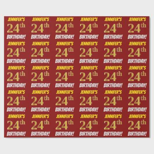 Rot, Imitate/Nachahmungen Gold, "24. BIRTHTAG" Geschenkpapier (Flach)