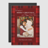 Rot Kariert Frohe Weihnachten 1 Foto Magnetkarte (Vorne/Hinten)