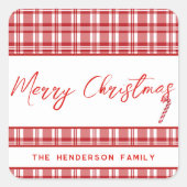 Rot Kariert Frohe Weihnachten | Candy Cane Quadratischer Aufkleber (Vorderseite)