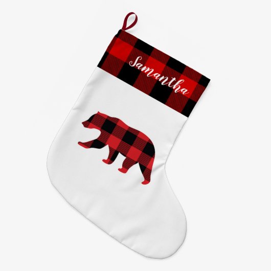 Rot Kariert mit Namen und Bären Großer Weihnachtsstrumpf (Vorderansicht (hängend))