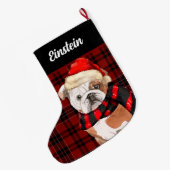 Rot Kariert und ein englischer Bulldog mit Hundena Großer Weihnachtsstrumpf (Rückseite (Hängend))
