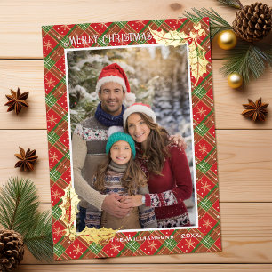 Rot kariert zu Weihnachten Weihnachts-Photocard Folien Feiertagskarte