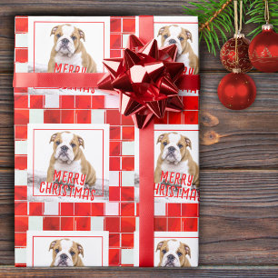 Rot karierter Bulldogge Hund Foto Frohe Weihnachte Geschenkpapier