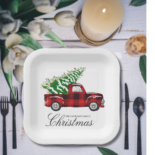 Rot karierter eleganter Schriftzug Weihnachten Vin Pappteller