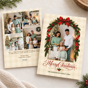 Rot kariertes frohes Weihnachtsfamilienfoto Feiertagskarte