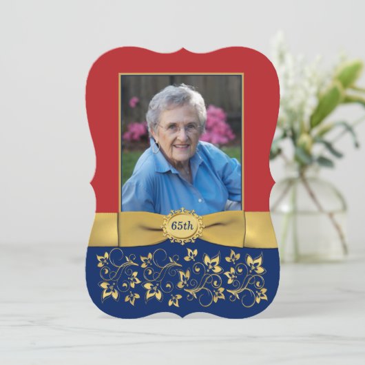 Rot, Marine, Gold 65. Foto Einladung zum Geburtsta (Stehend Vorderseite)