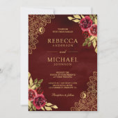Rot Marone Blumen Gold Spitze QR Code Hochzeit Einladung (Vorderseite)