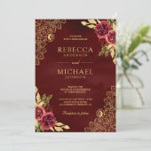 Rot Marone Blumen Gold Spitze QR Code Hochzeit Einladung (Stehend Vorderseite)