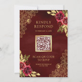 Rot Marone Blumen Gold Spitze QR Code Hochzeit Einladung (Rückseite)