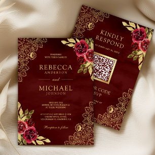 Rot Marone Blumen Gold Spitze QR Code Hochzeit Einladung