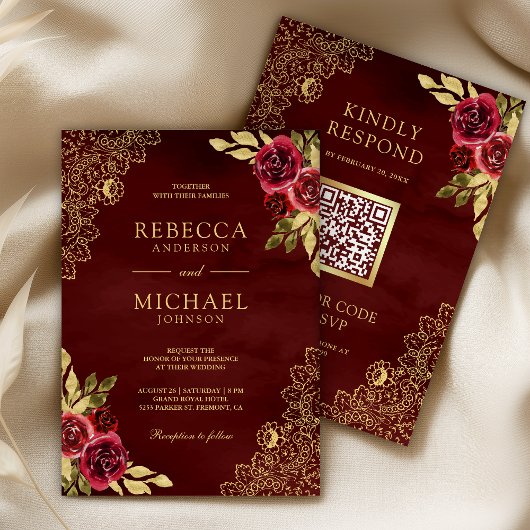 Rot Marone Blumen Gold Spitze QR Code Hochzeit Einladung