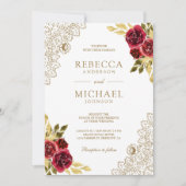 Rot Marone Floral Spitze Weiß QR Code Hochzeit Einladung (Vorderseite)