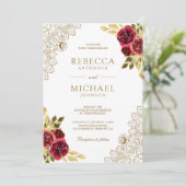 Rot Marone Floral Spitze Weiß QR Code Hochzeit Einladung (Stehend Vorderseite)