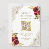 Rot Marone Floral Spitze Weiß QR Code Hochzeit Einladung (Rückseite)