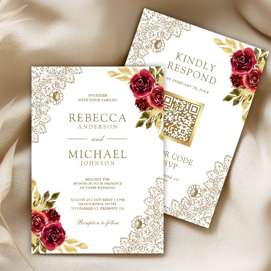 Rot Marone Floral Spitze Weiß QR Code Hochzeit Einladung