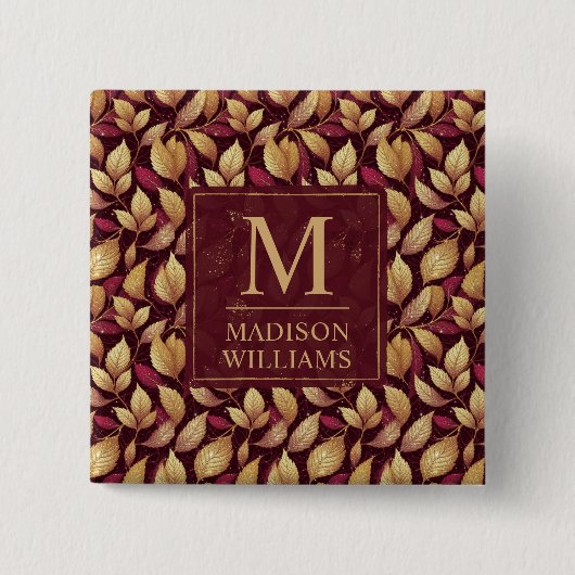 Rot Marone Gold Glitter Herbstblätter Muster Button (Vorderseite)