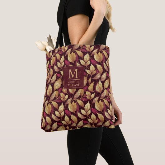 Rot Marone Gold Glitter Herbstlaub Muster Tasche (Von Nahem)