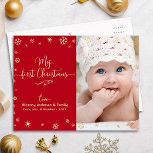 Rot Mein erstes Weihnachtsbaby-Foto Schneeflocken Folien Feiertagspostkarte