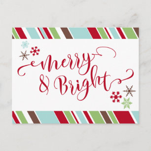 Rot Merry & Bright, Schneeflocken & diagonale Stre Feiertagspostkarte