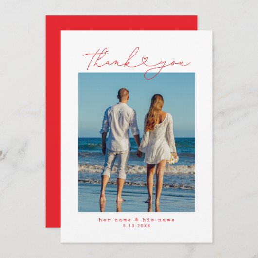Rot | Minimalistische einfache Script-Herz-Hochzei Dankeskarte (Vorne/Hinten)