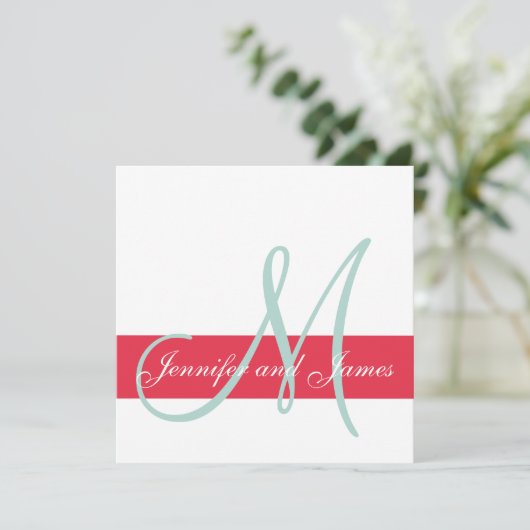 Rot, Mint Green Monogram Names Simple Wedding Einladung (Stehend Vorderseite)