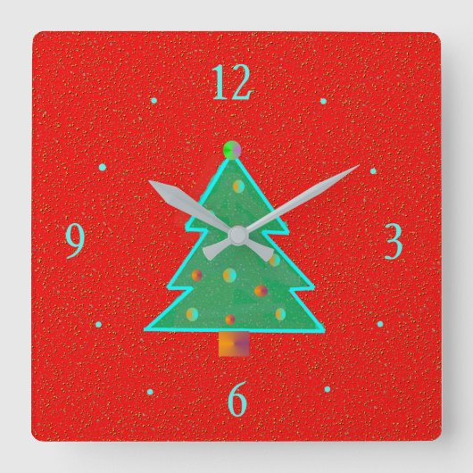 Rot mit Aqua Green Tree > Weihnachtsuhren Quadratische Wanduhr (Vorderseite)