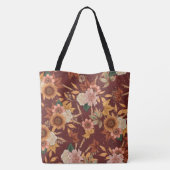 ROT MIT GOLD BLÄTTER GELBE SONNENBLUMEN & BLÄTTER TASCHE (Rückseite)