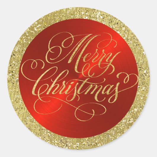 Rot mit Gold Border und frohe Weihnachten Runder Aufkleber (Vorderseite)