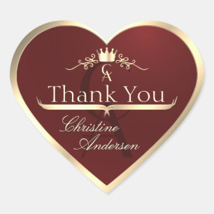 Rot mit Gold Border und Monogram Vielen Dank Herz-Aufkleber
