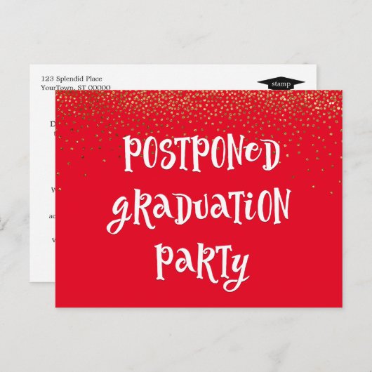 Rot mit Gold Confetti Zurückgestellt Graduiertenpa Postkarte (Vorne/Hinten)