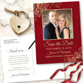 Rot mit Gold Frills Foto Save the Date Hochzeit Ankündigungspostkarte