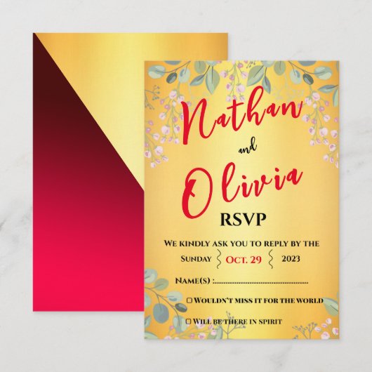 Rot mit Gold RSVP Karte (Vorne/Hinten)