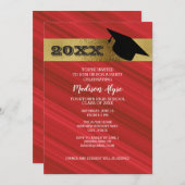Rot mit Gold und Graduiertenkappen-Party Einladung (Vorne/Hinten)
