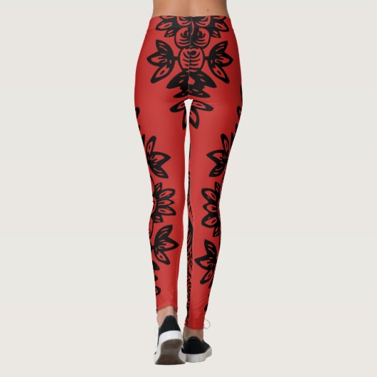 Rot mit schwarzem Damaskepmuster Athletik Leggings (Rückseite)