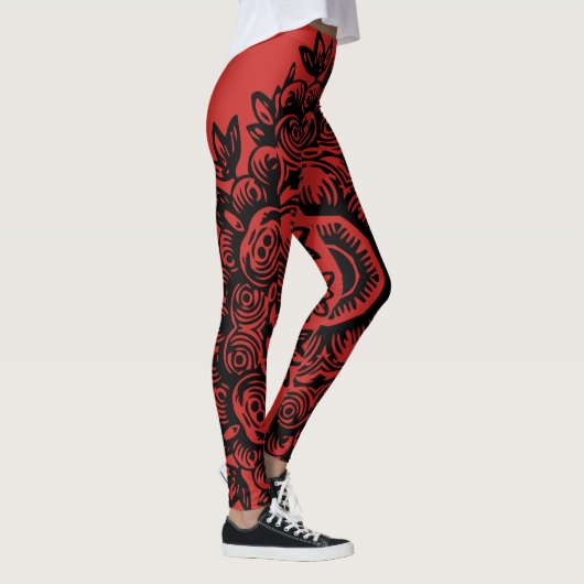 Rot mit schwarzem Damaskepmuster Athletik Leggings (Rechts)