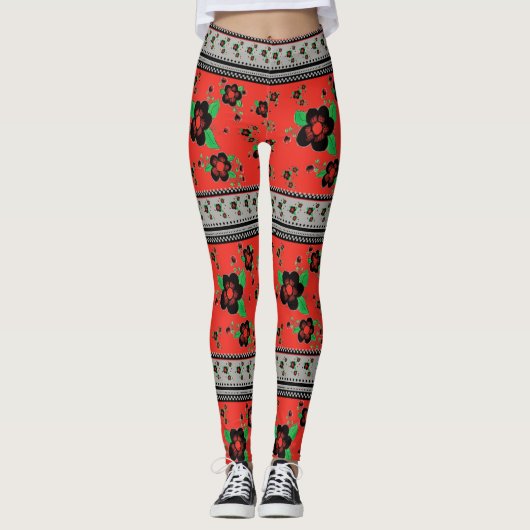Rot mit schwarzer, stylischer Blume Leggings (Vorderseite)