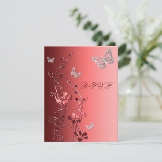 Rot mit Silberschmetterlingskarte RSVP Karte (Stehend Vorderseite)