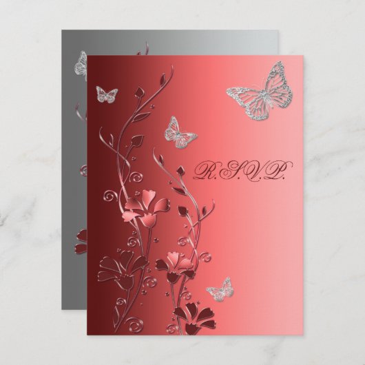 Rot mit Silberschmetterlingskarte RSVP Karte (Vorne/Hinten)
