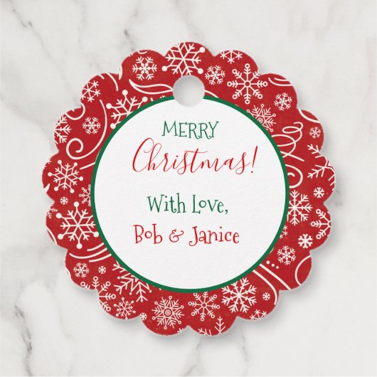 Rot mit weißen Schneeflocken und gratis Wirbel Geschenkanhänger (Rückseite)